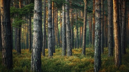 A dense forest with numerous tall trees