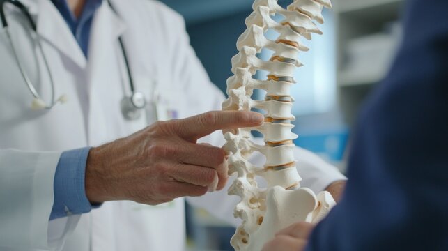 Doctor holding a model of a spine discussing a back injury with a male patient in a hospital.