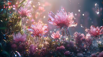 Flowers crystallized in a magical garden, each petal sparkling like a gem.