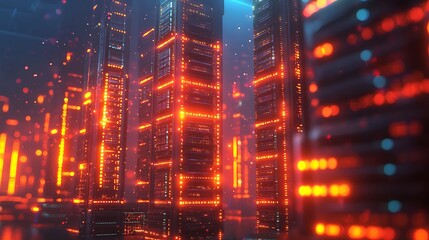 Fototapeta premium A futuristic server cityscape, aglow with vibrant lights that pulse like a heartbeat.