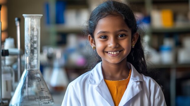 Curious Sri Lankan Girl Dressed as a Scientist Conducting Experiments in a Research Laboratory