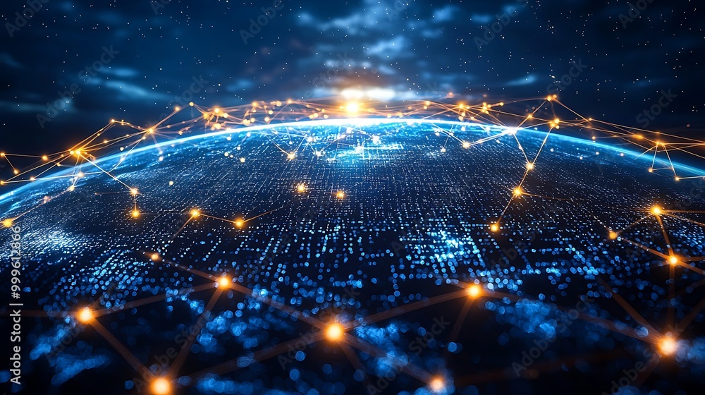 Poster a futuristic vision of earth with intricate digital network connections spanning the globe.