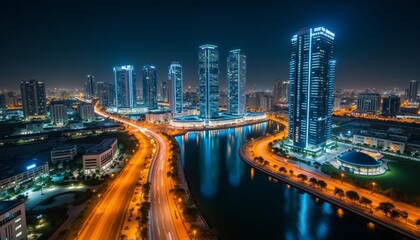 Fototapeta premium Vibrant cityscape at night with illuminated buildings and river