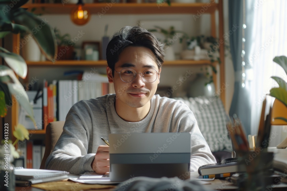 Poster a person using a laptop computer at a desk