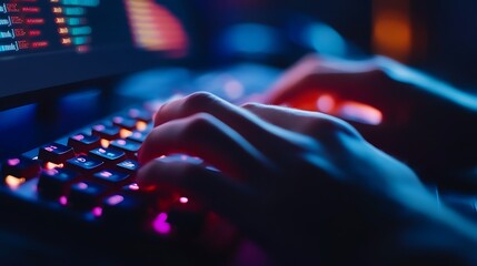 Obraz premium Hands typing on a backlit keyboard with glowing keys.