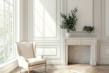Contemporary Bright Living Room with Armchair, Fireplace, and Panoramic Window