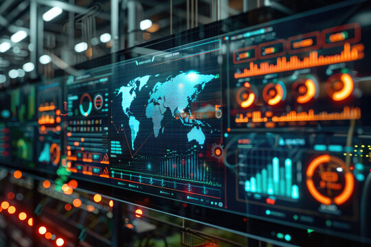Futuristic Digital Interface with Global Data Analytics and Interactive Graphs in a High-Tech Environment