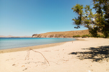 The idyllic beach of Chavouli at the Greek island of Lemnos in the northern Aegean Sea.