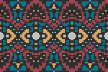 Pixel Art Abstract Ikat Pattern Curtainsfolk Embroidery, Aztec Geometric Ornament Print. Design for Carpet, Wallpaper, Clothing, Wrapping, Fabric
