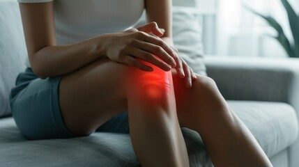 Obraz premium A woman is sitting on a sofa with a red dot indicating knee pain. The background is a light gray or white living room.