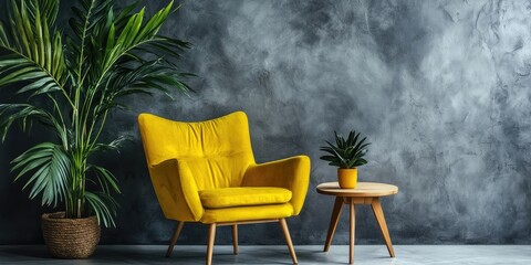 Minimalist Loft Living Room Interior with Scandinavian Style Armchair and Wooden Table