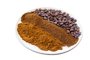 Coffee beans, seeds and roasted coffee for espresso, cappuccino and americano