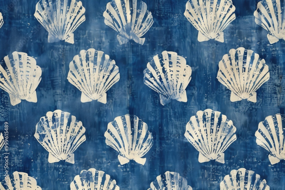 Poster a close-up shot of a pattern made from shells on a blue background, perfect for use in designs where