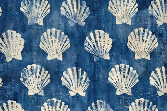 A close-up shot of a pattern made from shells on a blue background, perfect for use in designs where ocean or beach themes are desired