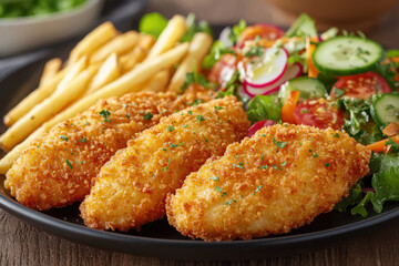 Fototapeta premium a plate of crispy, golden chicken tenders and seasoned fries. AI generative.