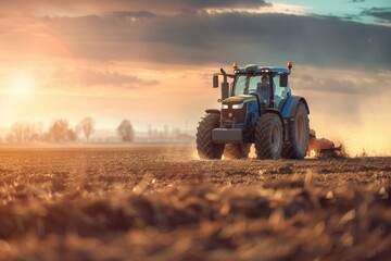 Fototapeta premium A tractor plowing a field at sunset