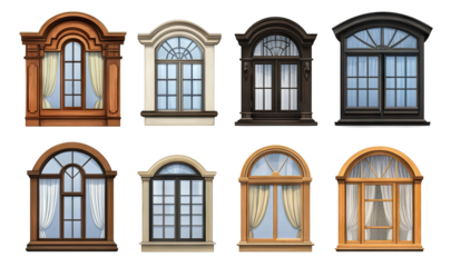 Set of different wooden windows isolated on transparent cutout background