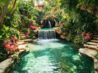 waterfall cascading into a crystal clear pool 