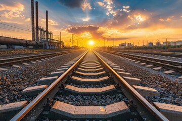 Fototapeta premium A train track with a beautiful sunset in the background