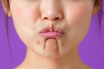 Fototapeta premium Pouting Woman Close-up on Purple Background 