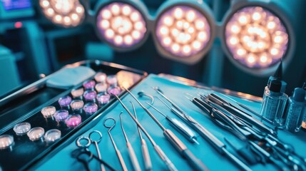 Modern endoscopic tools laid out on a surgical tray under bright operating room lights