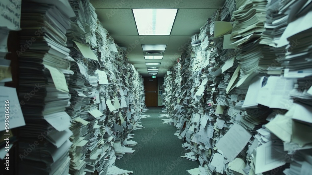 Poster a hallway cluttered with a large pile of papers, creating a busy office environment.