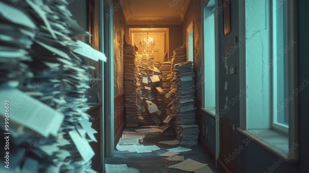 Aufkleber a hallway cluttered with a large pile of papers, creating a busy office environment.