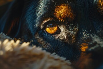 A close-up view of a dog's eye covered by a blanket, great for pet-related or cozy-themed images