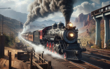 Naklejka premium A train travels on railway tracks with smoke billowing out