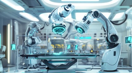 Robotic arms with attached surgical instruments hovering over an operating table in a futuristic OR