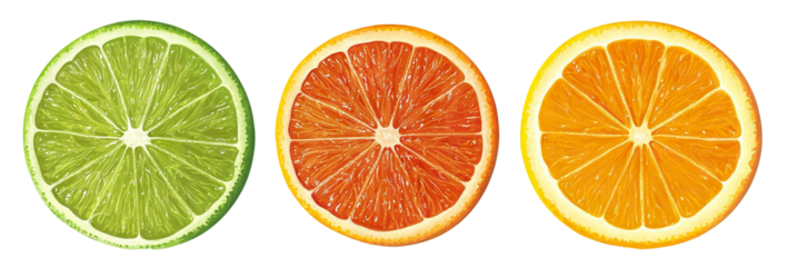 Set of three round citrus slices (lime, grapefruit, orange), isolated on transparent cutout background