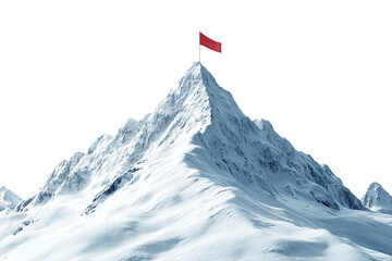 Snowy mountain peak with a red flag on top, isolated on transparent cutout background