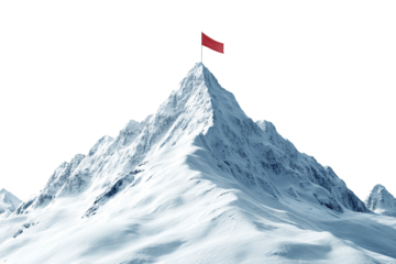 Snowy mountain peak with a red flag on top, isolated on transparent cutout background