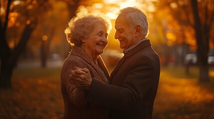 an elderly couple enjoying a slow dance in a park. celebration of senior citizens, elderly couple dancing in a park, international day of older persons