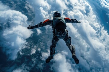 A person in mid-air, descending safely with a parachute