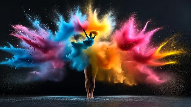 Female dancer emerging from a dramatic burst of bright colors and powder