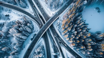 Aerial View of Highway Intersection in Winter