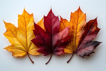 Obraz premium set of yellow, orange, red and maroon color autumn fall maple leaves on white background, autumn leaves, fall season