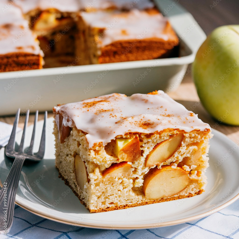 Poster a square piece of apple pie with a moist texture and large pieces of apples on a plate