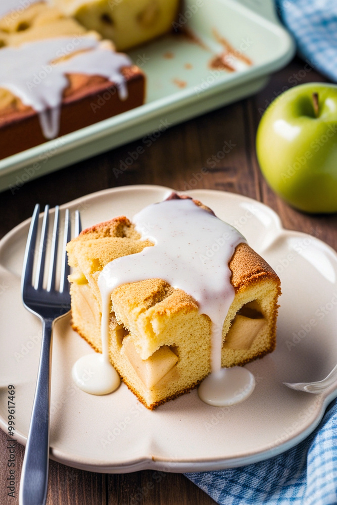 Poster A square piece of apple pie with a moist texture and large pieces of apples on a plate