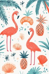 Obraz premium tropical doodle art, charming doodle illustration with playful flamingos, pineapples, seashells, and palm trees in vibrant coral and turquoise tones