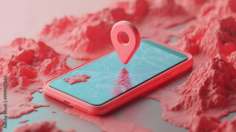Poster a 3d-rendered smartphone displaying a map with a bright location pin.