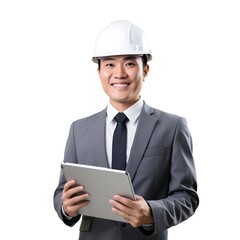 Professional Engineer Holding Tablet in Safety Helmet on white background.