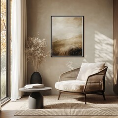 Modern Living Room Interior with Poster on Beige Wall in Cozy Ambiance