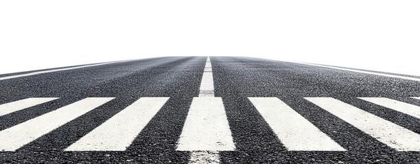 Asphalt road with pedestrian crosswalk marking, isolated on transparent cutout background
