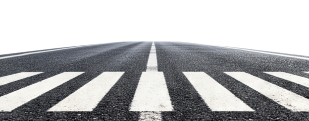 Asphalt road with pedestrian crosswalk marking, isolated on transparent cutout background