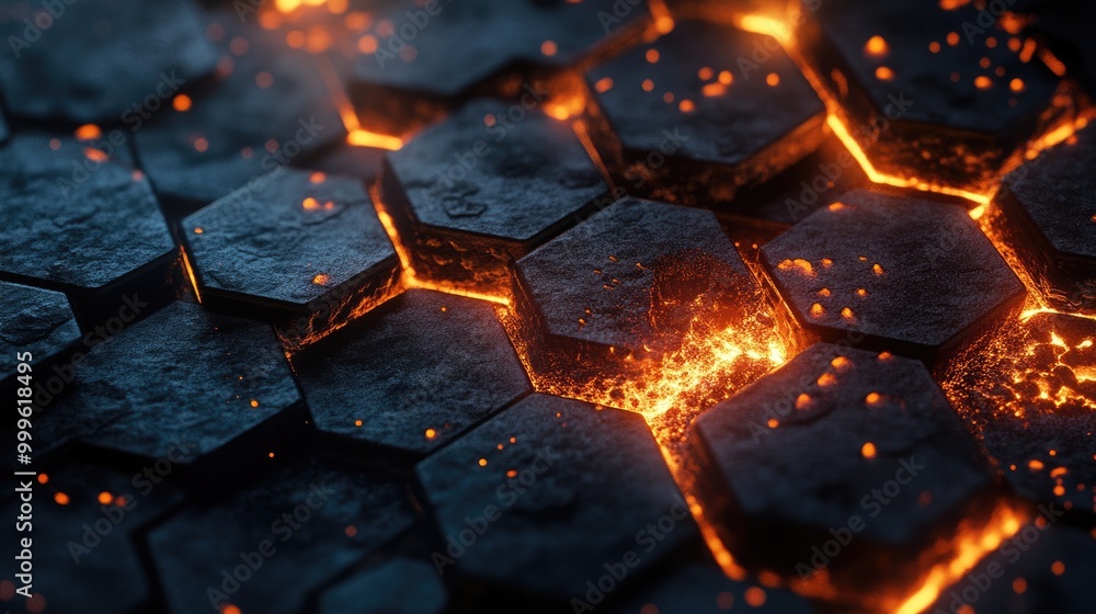 Poster digital power structure: abstract dark hexagonal mosaic with volcanic flames
