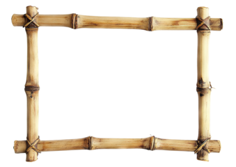 Natural bamboo frame with tied corners, isolated on transparent cutout background