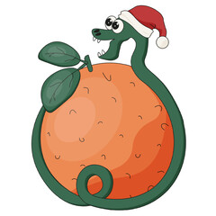 Vector Snake and orange. 2025 new year concept with flat style Snake. Christmas clip art. Snake isolated transparent background. EPS 10