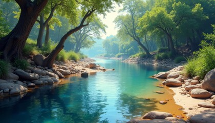  Tranquil river in a serene forest setting
